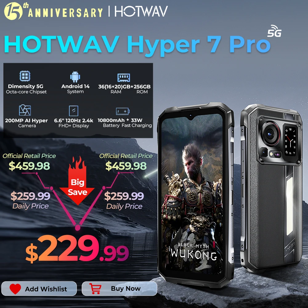 HOTWAV Hyper 7 Pro 5G Rugged Phone 200MP Android 14 6.6'' FHD+ 120Hz Smartphone 36(16+20)GB 256GB 10800mAh 33W Mobile Phone