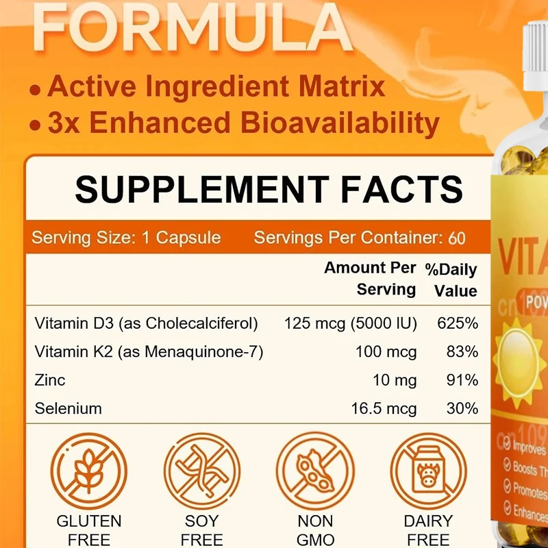 Vitamin D3, K2-5000 IU, Contains Zinc and Selenium, Absorbs Bone, Tooth, and Heart Support, Gluten Free, 60 Capsules