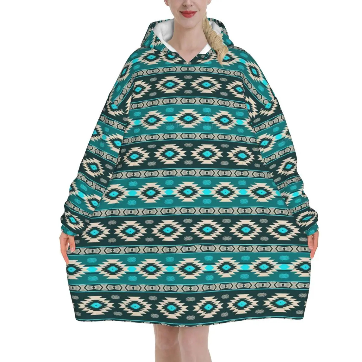 Southwestern Aztec Tribal Wearable Blanket Hoodie for Women Men Oversized Sweatshirt Blanket with Pocket