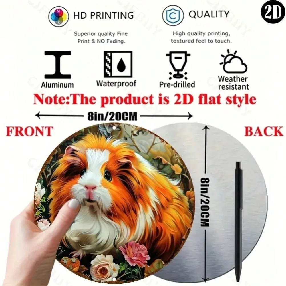 8x8 Inch Round Guinea Pig Design UV-Printed Aluminum Sign - Weatherproof Pre-Drilled, Ideal for Indoor/Outdoor/Living Room