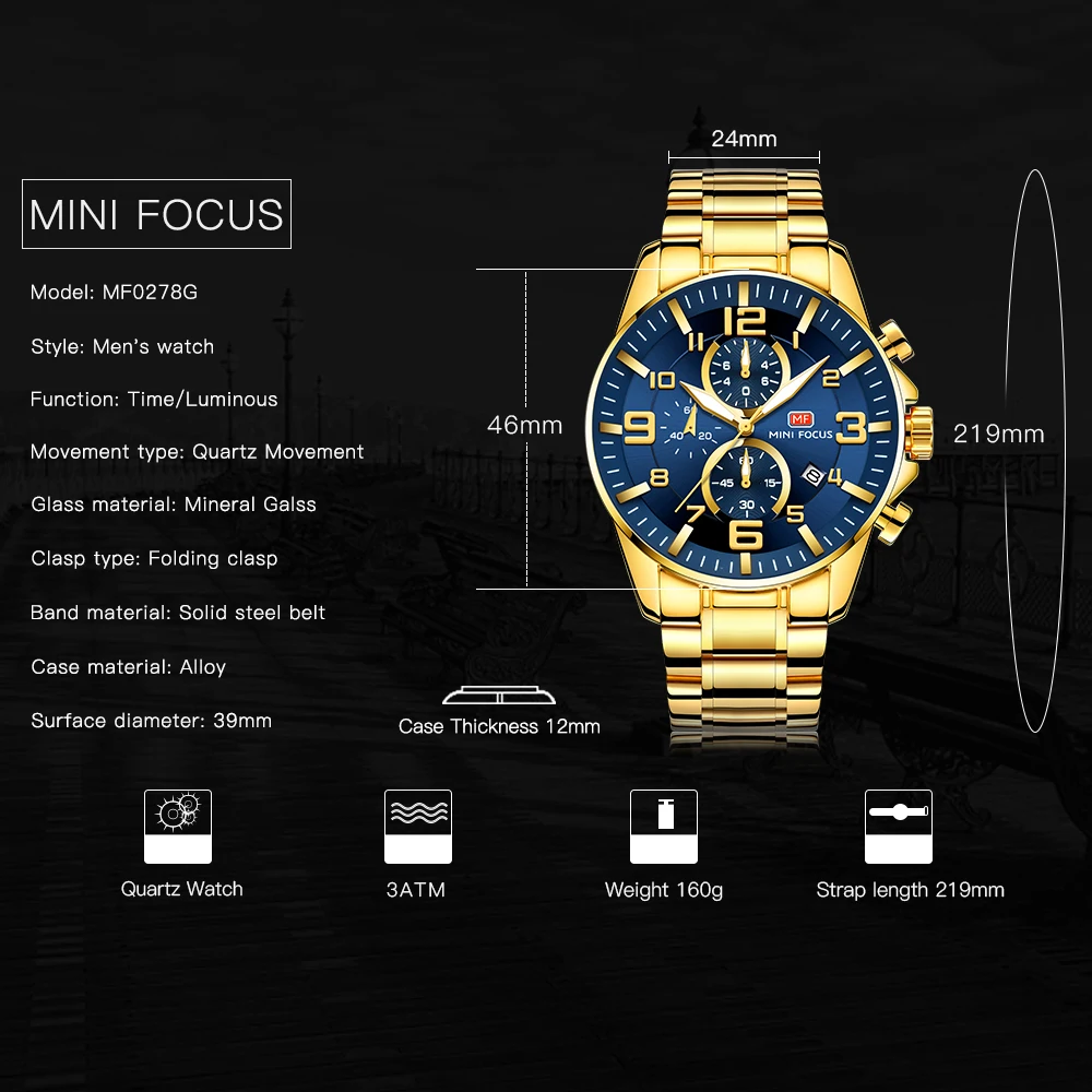 MINI FOCUS Gold Quartz Waterproof Watches for Men Chronograph Multifunction Dial Top Brand Stainless Steel Strap Luxury Watch