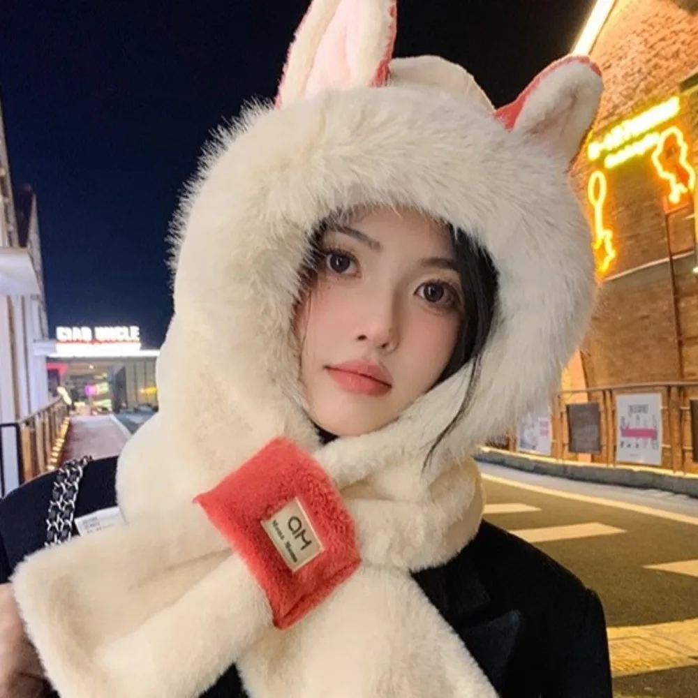 Outdoor Fox Ear Shape Integrated Cap Scarf Windproof Thickening Ear Protection Cap Warm Soft Plush Beanie Hat Scarf for Women