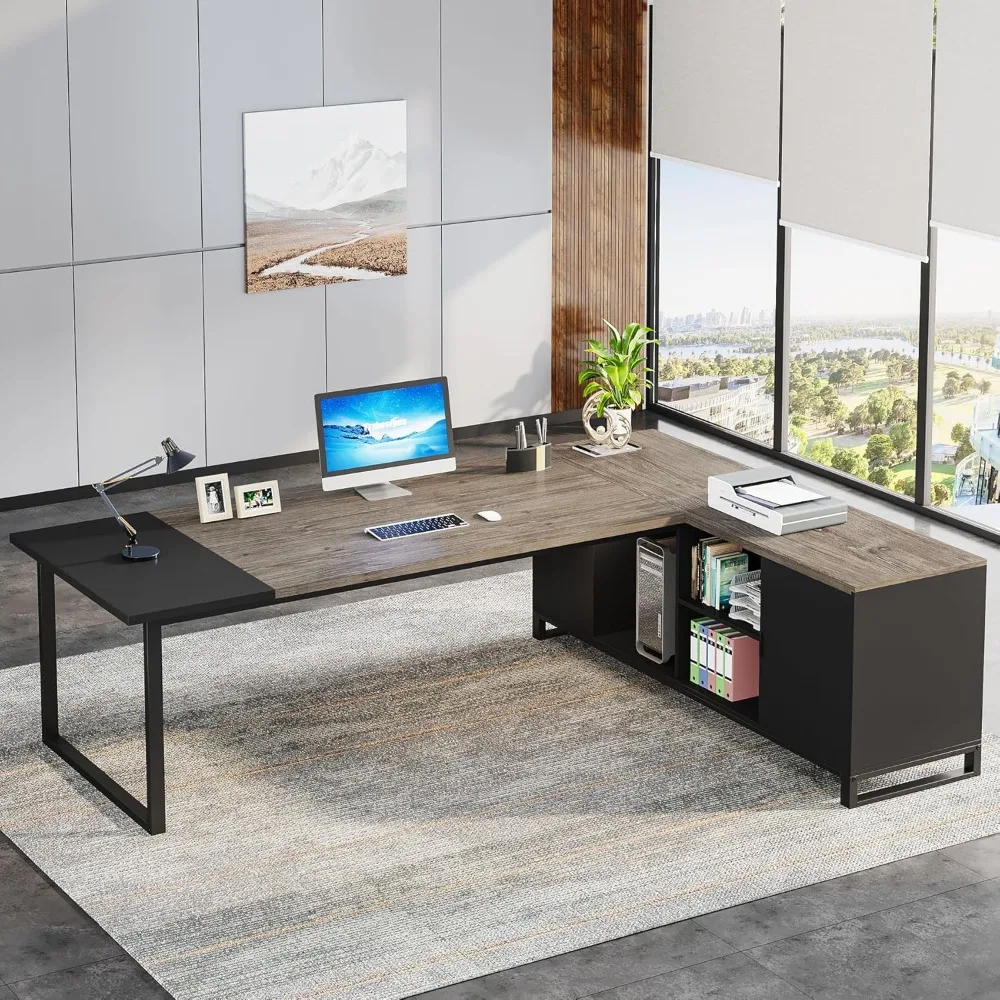 

Executive Desk with File Cabinet, Modern L Shaped Computer Desk with Storage Shelves and Cabinet, Large Shaped Executive Desk