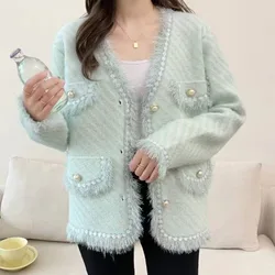 Imitation Mink Fleece Knitted Cardigan Women 2023 Autumn/Winter Long Sleeve Fragrance Coat Temperament Versatile Tassel Female