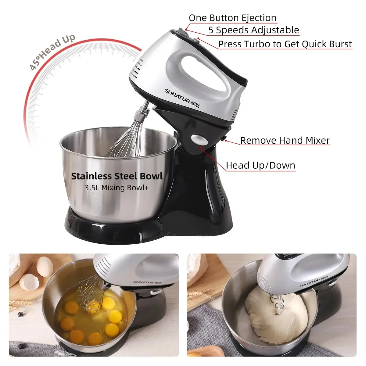 SUNATUR 3.5L Cake Beater Stand Mixer Electric Food Processors 2 in 1 Electric Hand Blender Kitchen Mixer for Baking Machine