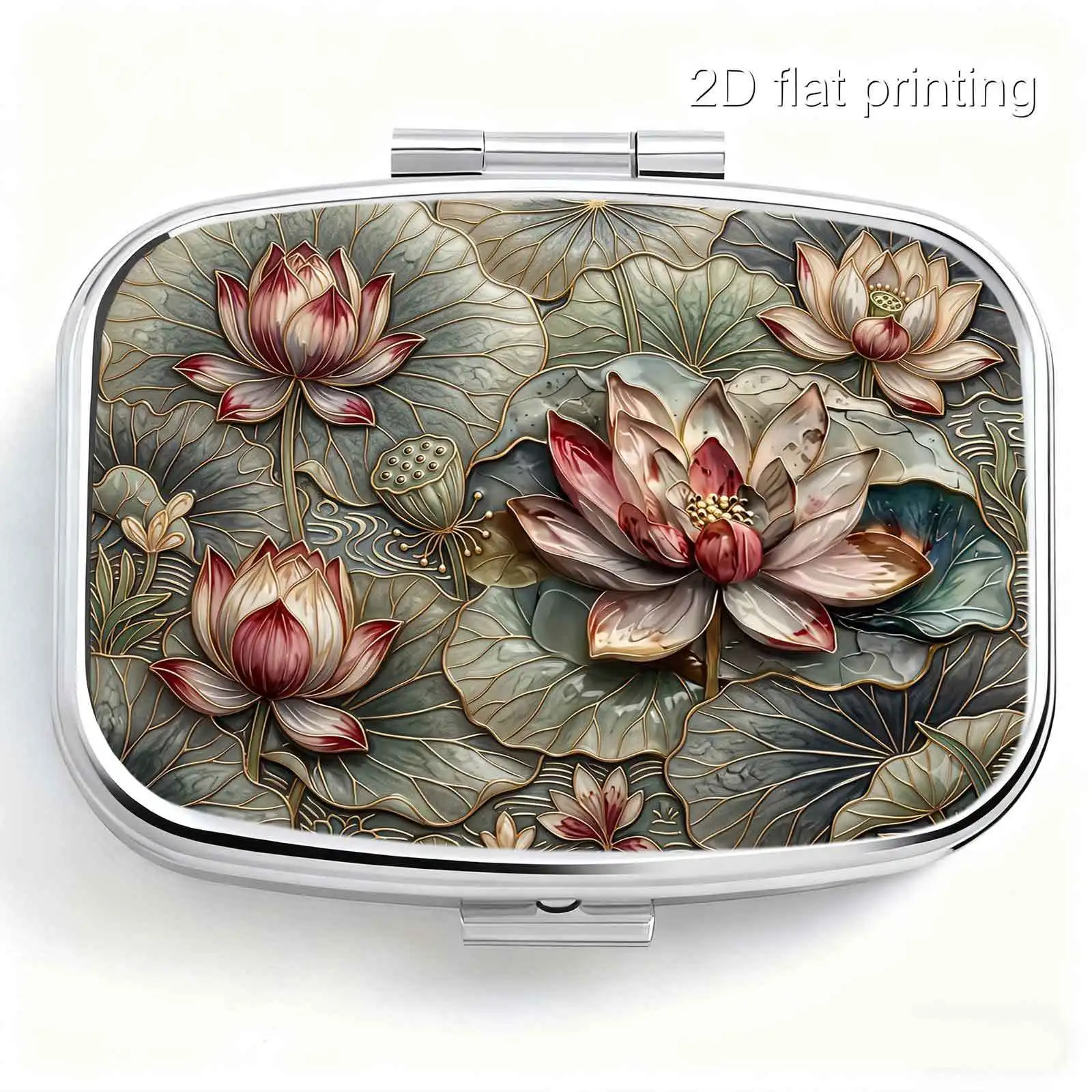 Single-Pack, Flat-Printed, Portable Mini Double-Compartment Pill Box, with Three-Dimensional Embossed Lotus Pattern Print, Travel Medicine Storage Box, Sealed and Moisture-Proof, Capsule Vitamin Storage Box, Portable Small Pill Box