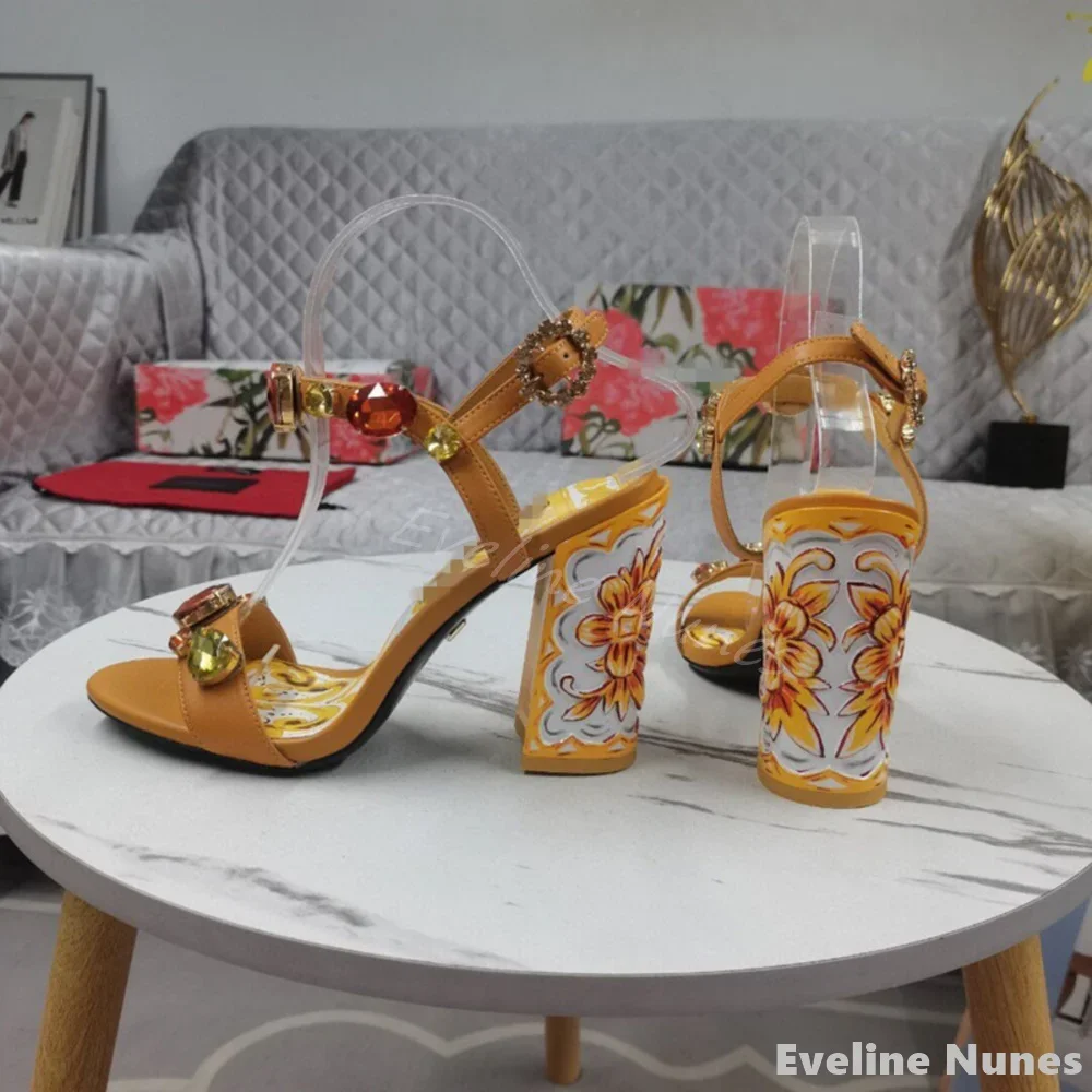 Luxurious Gemstone Painted Sandals Women Round Toe Chunky Heel Party Sandals 2025 New 6/10Cm High Heels Beach Vacation Sandals