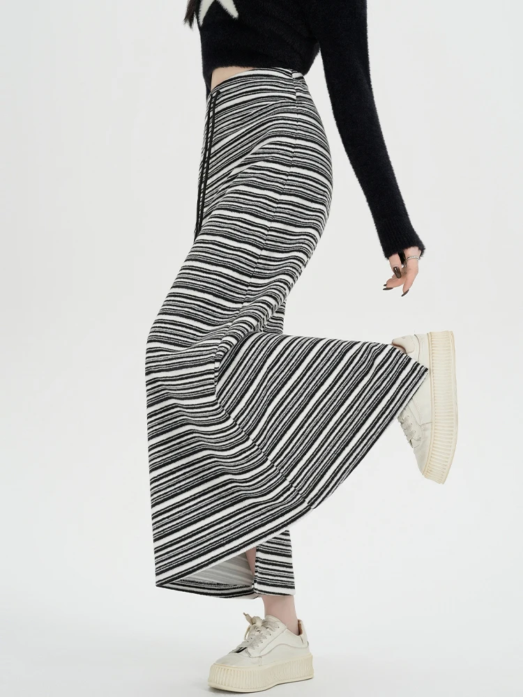 

Полосатая полуюбка в ленивом стиле на шнуровке для женщин осенью и зимой с высокой талией и разрезом средней длины, прямая юбка-труба А-силуэта