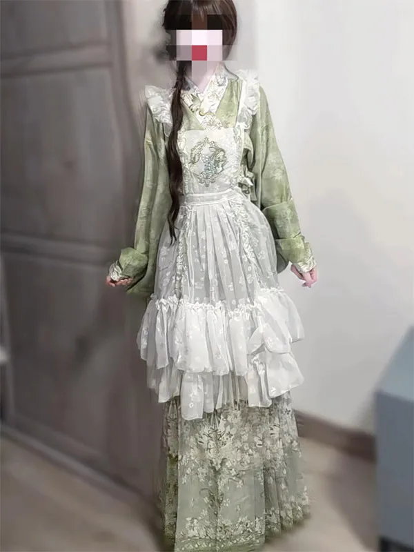 

Sweet Cute Green Hanfu Skirt Lolita Style over Skirt Traditional Chinese Costume Women's Summer Fashion Elegant Tailed ...