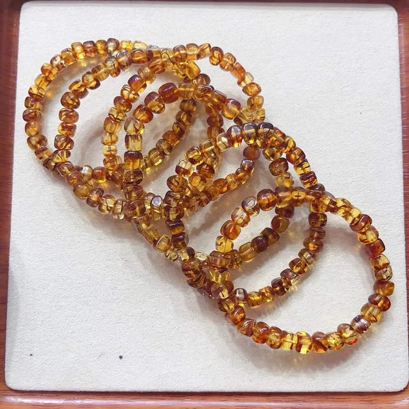 6MM Natural Baltic Flower Amber Bracelet For Women Fashion Square Elasticity Aldult Amber Bead Jewelry Beeswax Bracelets Gift