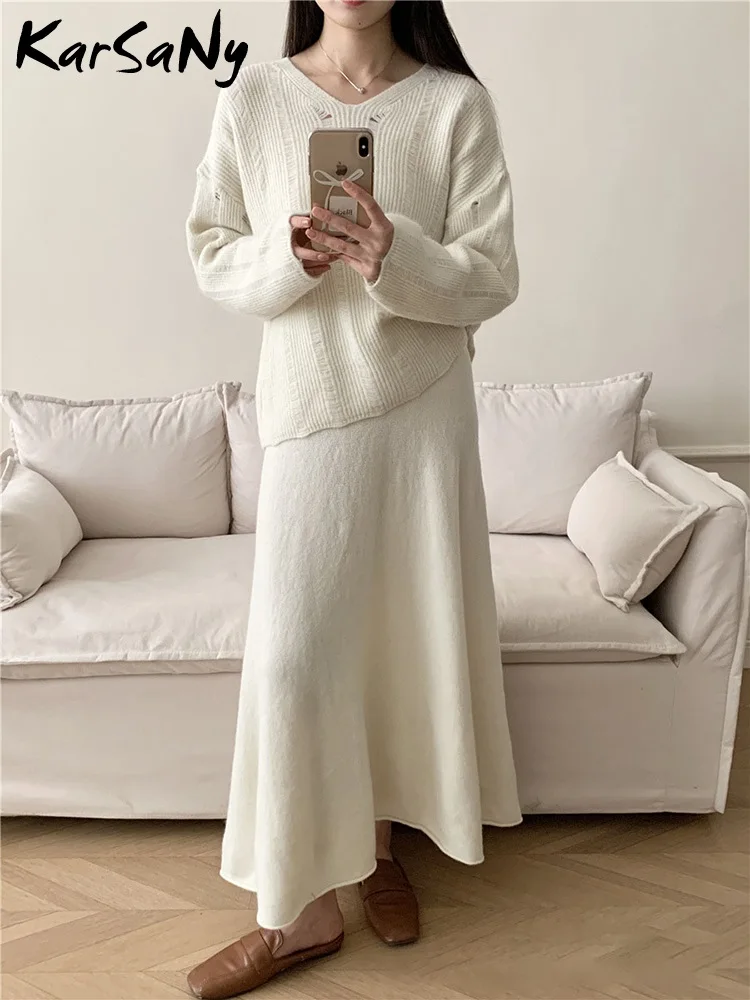 Knitted Skirt Set For Women Pullover Sweaters Hollow Out White Autmun Winter Vintage Sweater Skirt Sets Women 2 Piece Outfit