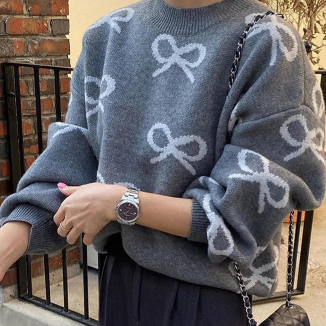 Autumn and Winter Fashion Warm Jacquard Bow Sweater Loose Trendy Knitted Sweater Anti Cold Sweater