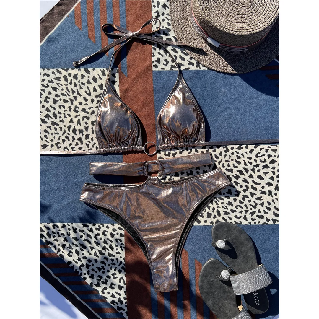 Neuer Halter-Badeanzug aus Kunstleder für Damen, High-Waist-Bikini, zweiteiliger Bikini-Set, Badebekleidung, Badeanzug, Modell V4389 – Detail 9