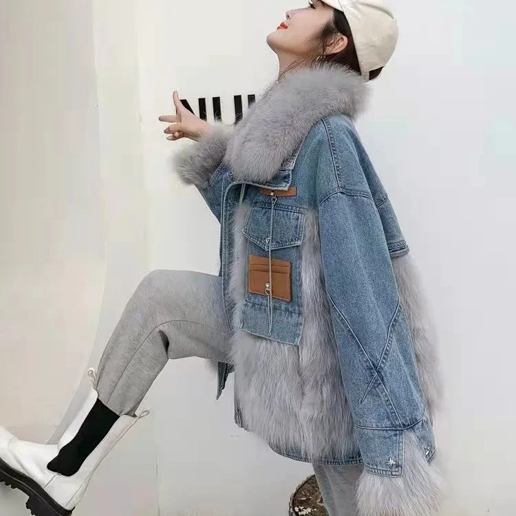 2024 inverno nuovo cappotto di pelliccia Denim cuciture cappotto di pelliccia grande collo di pelliccia giacca invernale coreano sciolto Denim