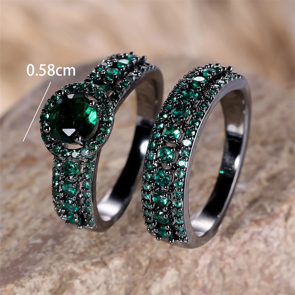 الأخضر الزركون المشاركة خواتم مزدوجة فاخرة كريستال حجر مستدير حلقة مجموعة للنساء خمر الأسود معدن مجوهرات الزفاف مجموعات هدية