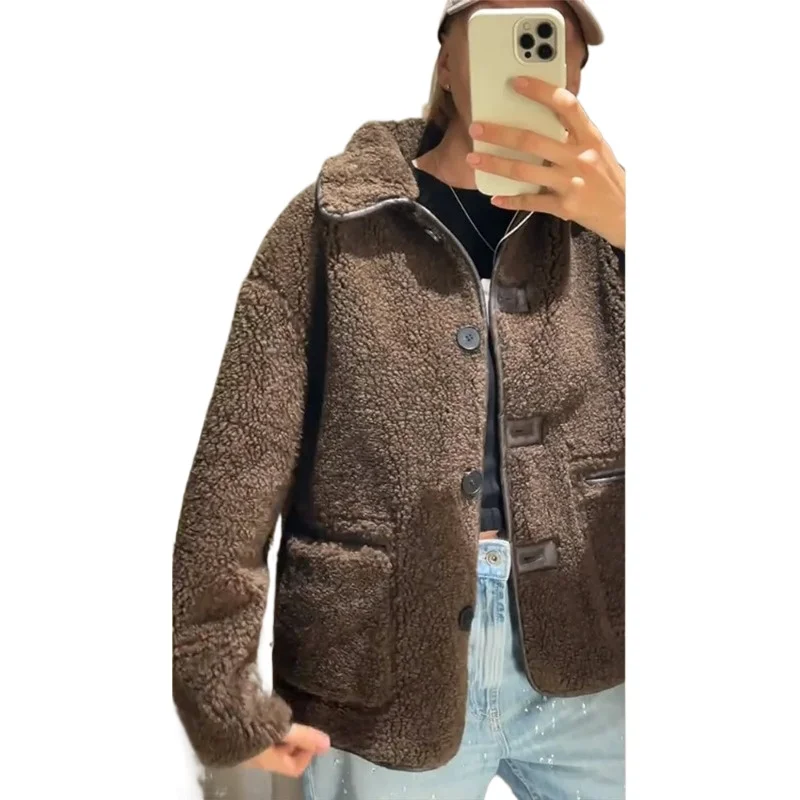 

Двусторонняя куртка из искусственной кожи и овечьей шерсти в уличном стиле для женщин, с отложным воротником, длинными рукавами, на одной пуговице, зимняя верхняя одежда