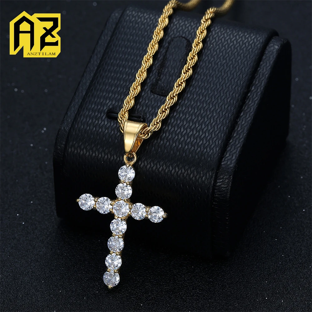 

Anztilam Thin Cross No Fade 316L Stainless Steel Iced Out Pendant with Long Link NK Chain Necklaces for Women Hip Hop Jewelry
