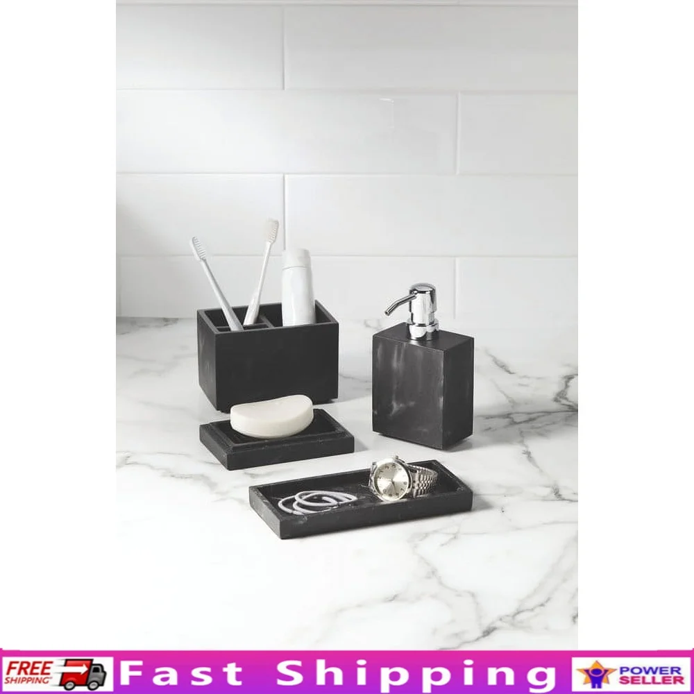 

Набор органайзеров для туалетного столика из черной искусственного мрамора с крышкой-дозатором для мыла, компактный дизайн для хранения в ванной комнате