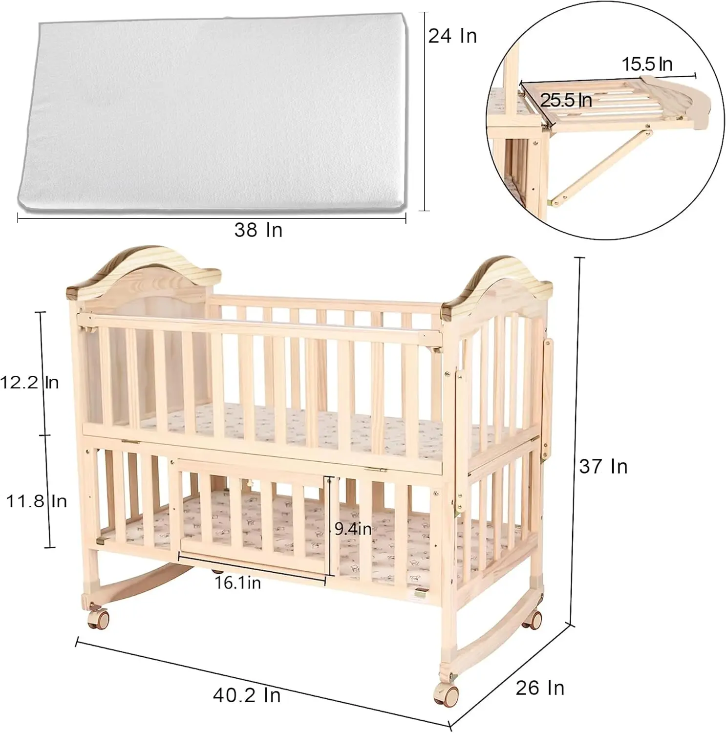 Mini cuna para bebé 4 en 1 Convertible con colchón de espuma viscoelástica (38 "por 24") incluida, cunas para bebés 2024 cuna portátil de madera Natural