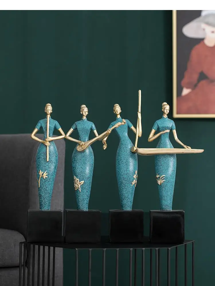 Resin Character Crafts Furnishings Woman Cheongsam Musical Instrument Chinese Classical Retro Golden Modern Home Decoration