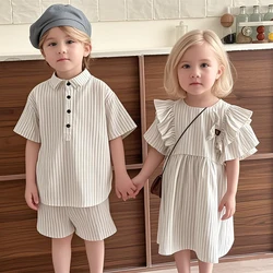 2025 Summer Thin Brother Sister Outfits Boy Children Cotton Short Sleeve T-shirt+Shorts 2pcs Girl Baby Striped Fly Sleeves Dress
