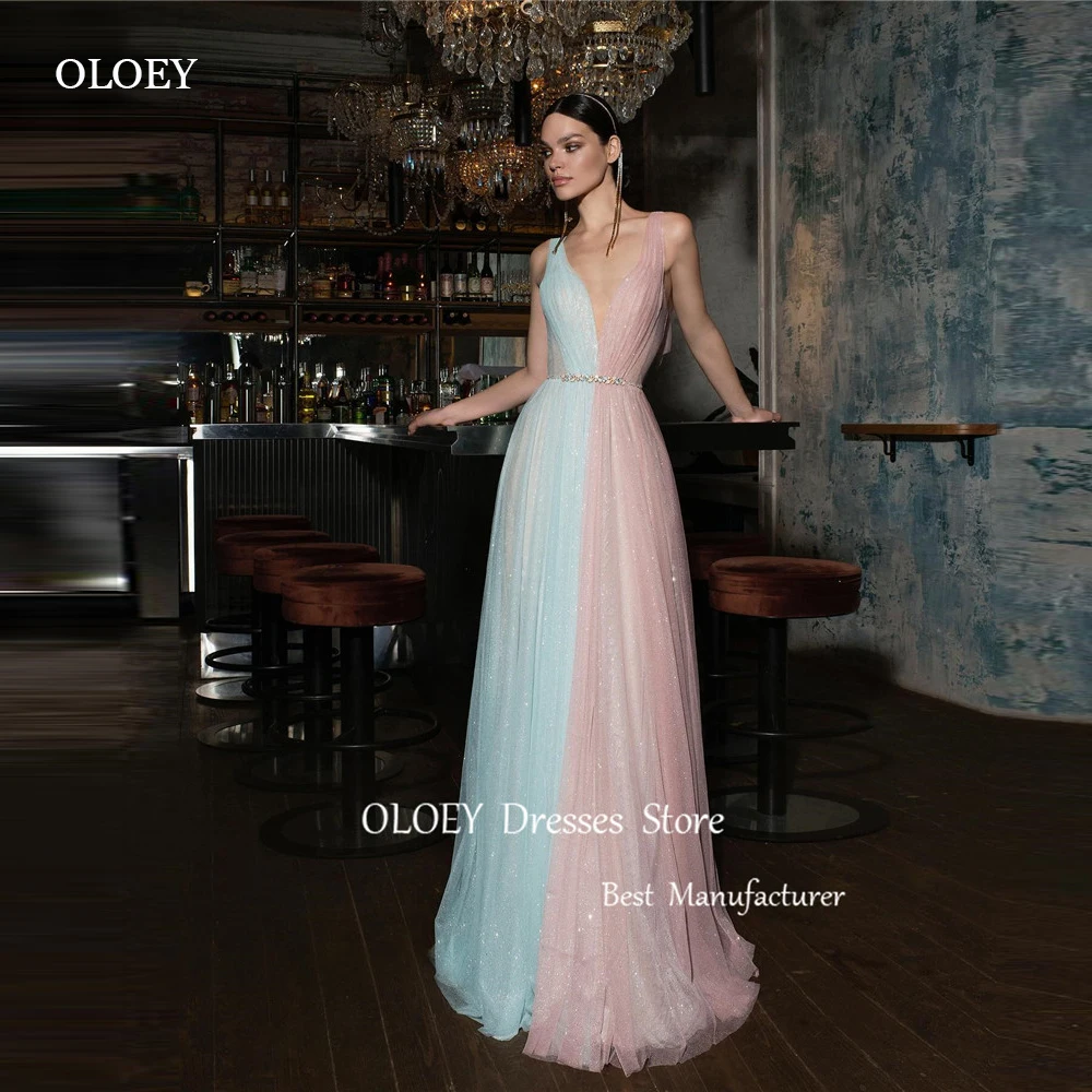 OLOEY Shiny A Line Evening Dresses Wedding Party Pink And Light Blue Mixed Color Glitter Formal Prom Gowns Vestido de fiesta