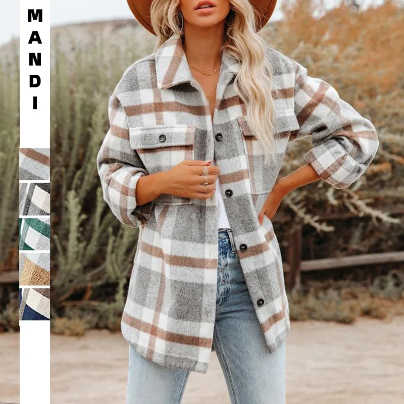 

2025 Autumn and Winter Women's Plaid Button Flannel Woolen Shirt Jacket Europe and America