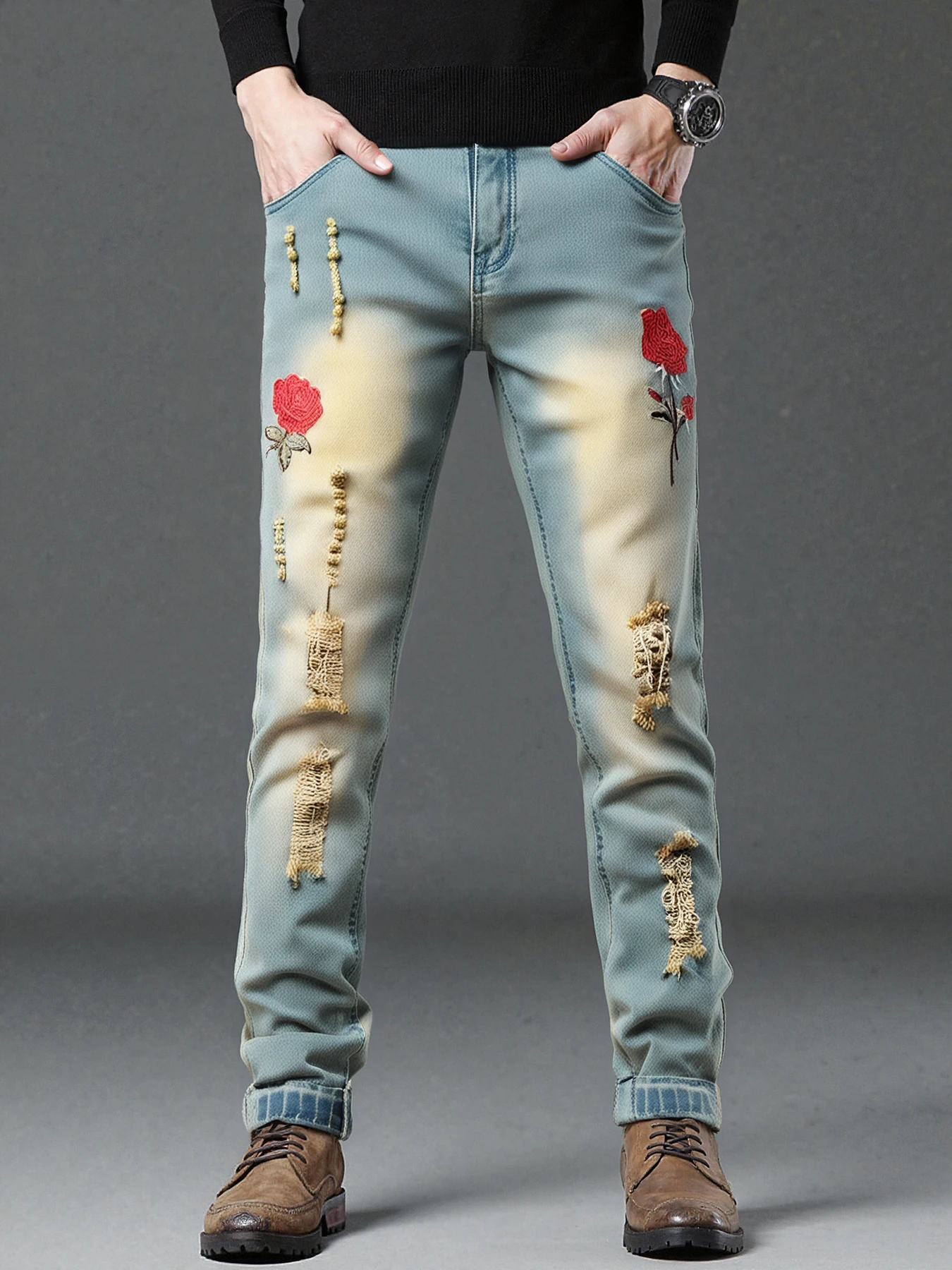 

Men's Designer Faded Denim Jeans Tight Fit Rock Revival Embroidered Slim Elastic Biker Streetwear Style Torn Patchwork Pants