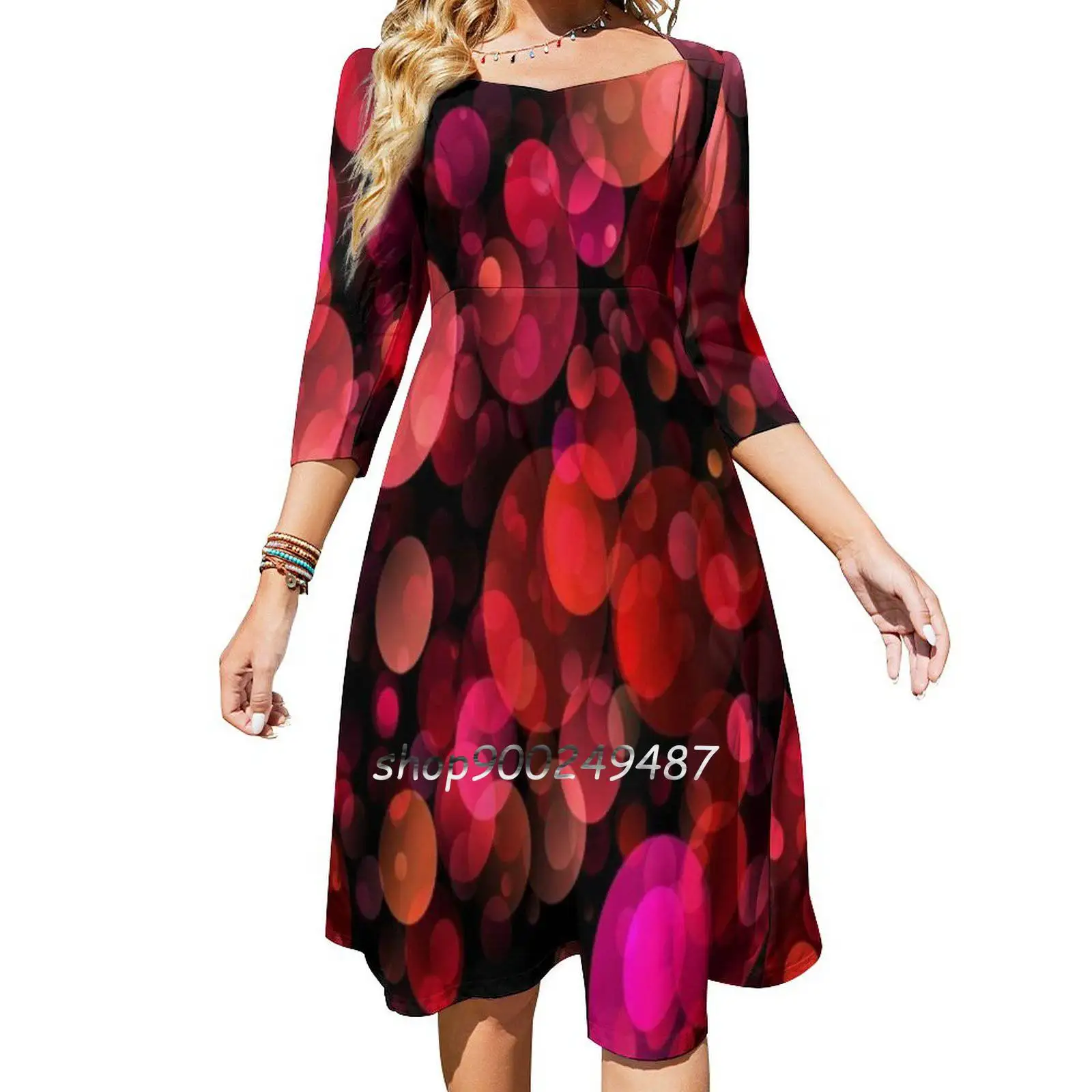 70S Disco Inspired Items | Abstract Red Sequin Texture Sweet Elegant Dress Women Korean Kawaii Square Collar Dress 70S Disco