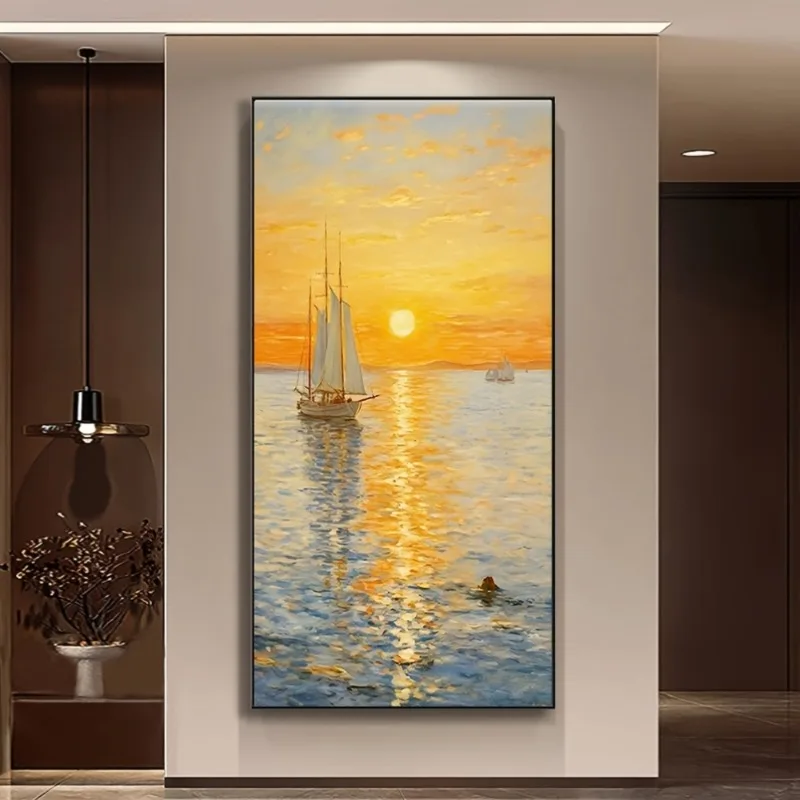 Smooth Sailing Cream Style of Sunrise on The Sea, Simple and Abstract, Texture Abstract Scenery, Perfect Home Decor Frameless
