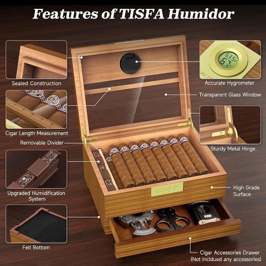 Scatola per sigari Umidificatore artigianale con igrometro e umidificatore Custodia per umidificatore in legno di cedro con divisore per cassetto Misuratore di lunghezza del sigaro D