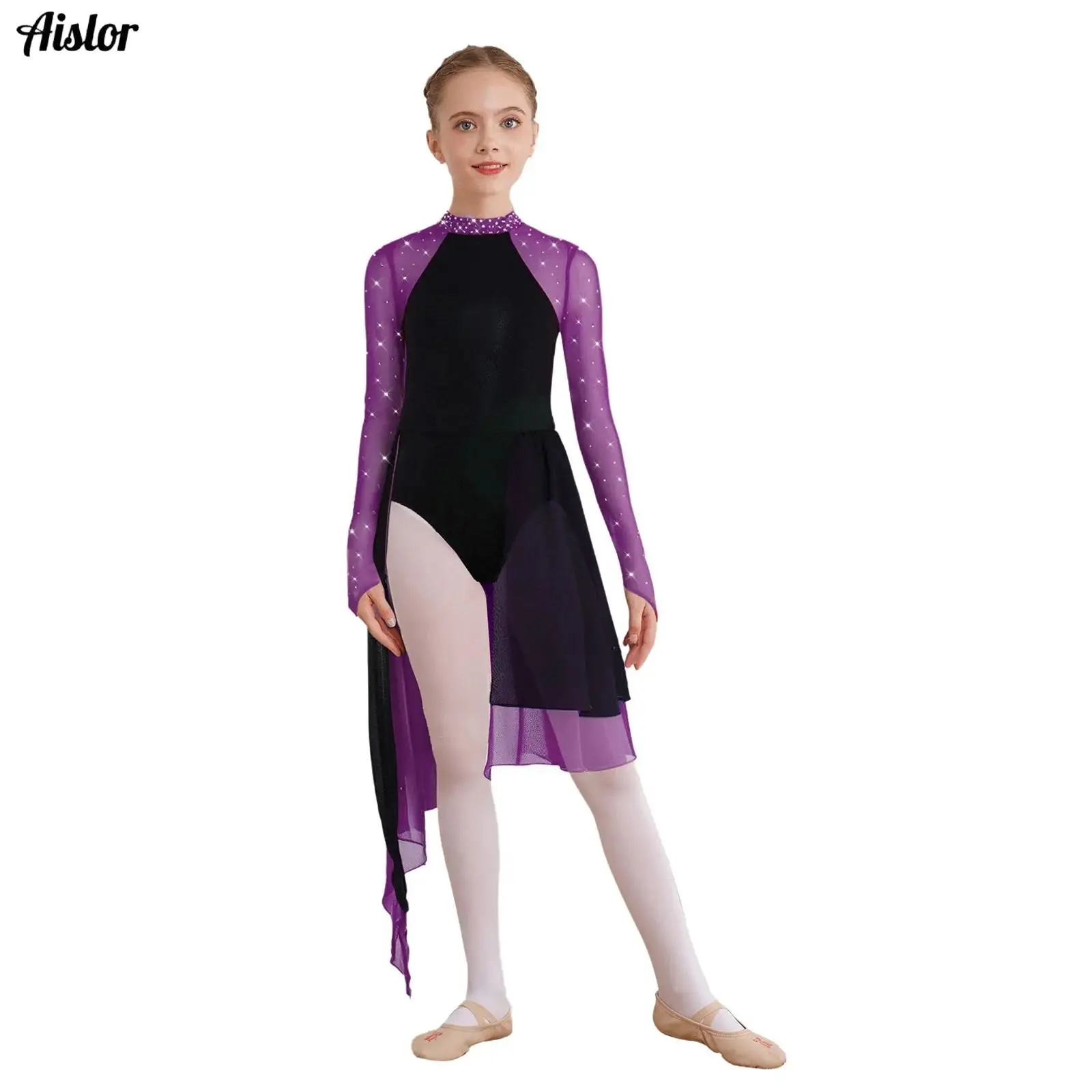 

Kids Girls Lyrical Dance Leotard Dress Shiny Rhinestones Long Sleeve Contrast Color Slit Skirt Bodysuit Figure Skating Dresses