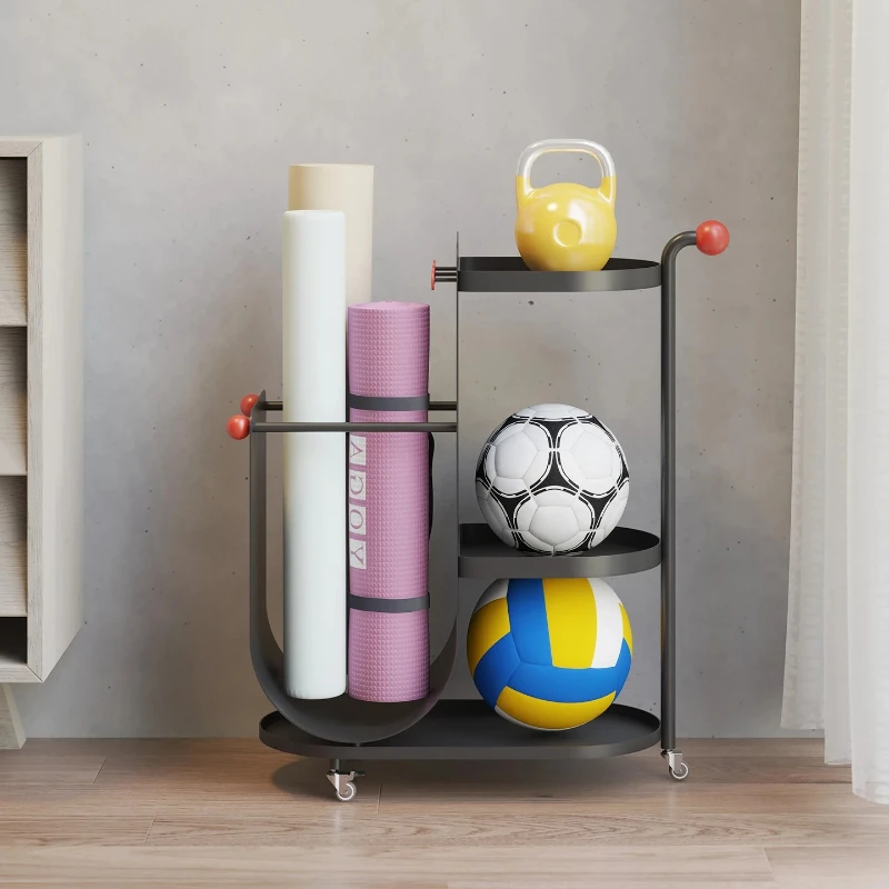 ‌2-in-1 Yoga Mat Storage & Basketball Holder - Heavy Duty Metal Wheeled Organizer for Gym, Home, Sports Equipment, Studio Garage