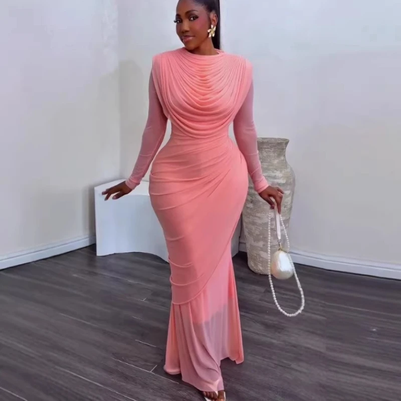 

Mermaid Dress Women Round Neck Full Sleeve Hip Wrap Elegant Splice Mesh Party Night Evening Y2k Slim Fit Dating 2026 Summer