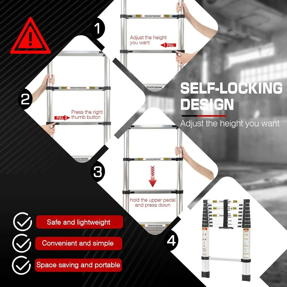 12,5 Fuß große Aluminium-Teleskopleiter mit rutschfesten Füßen, tragbare Verlängerungsleiter für den Heim- und Außenbereich, 330 Pfund Kapazität