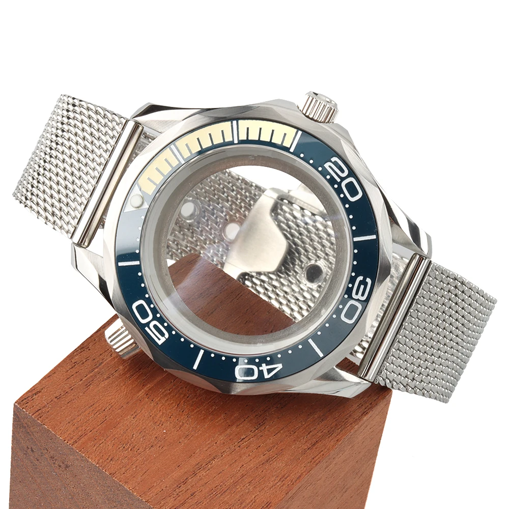 

41mm Silvery Mesh Bracelet Strap Watch Case Fit Seamaster 300 Seiko NH35 NH36 Movement Waterproof 10m Stainless Steel Case
