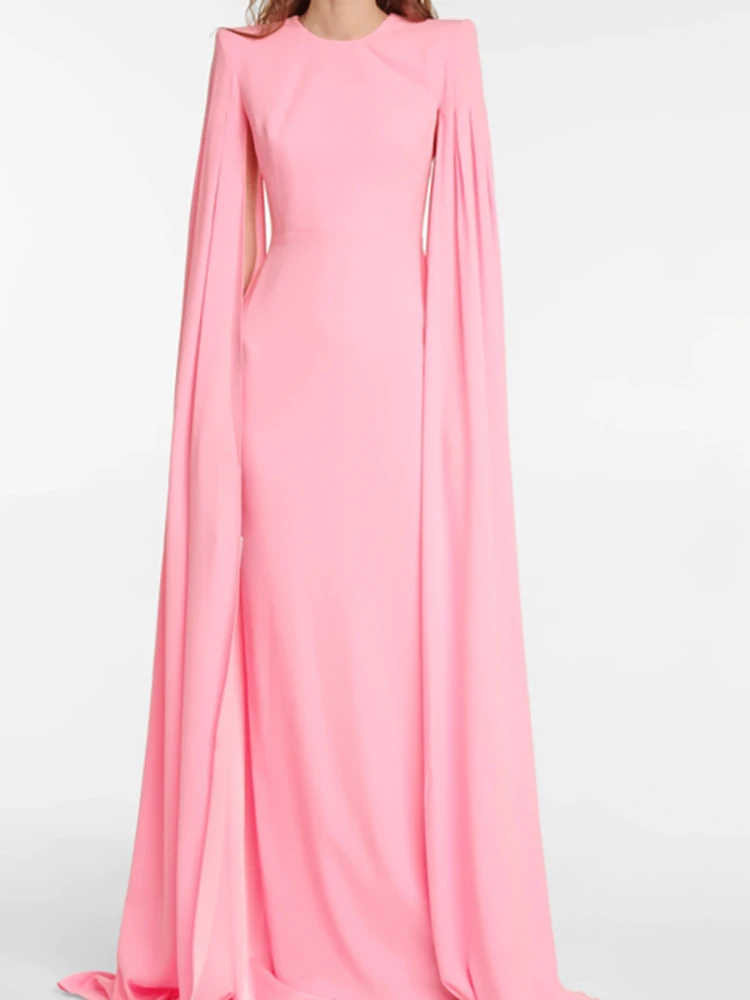 DEAT Elegant Dress O-neck Shoulder Padded Split Long Sleeve Pink Women Customized Evening Dress 2024 Autumn New Fashion 13DB3335