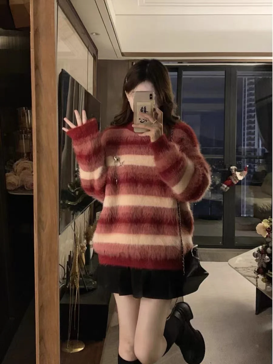 MiiiiX Sweet Girl Autumn New Plush Knitted Sweater Women Pullover Red Striped Soft Loose Female Outerwears Top with Love Brooch