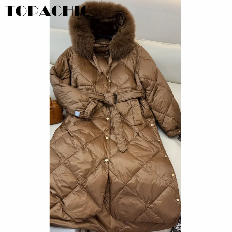 8.28 TOPACHIC-Women Clothes Fox Fur Hooded Collar Argyle Plaid Maxi Down Outerwear Sashes Slim Goose Down Keep Warm Coat