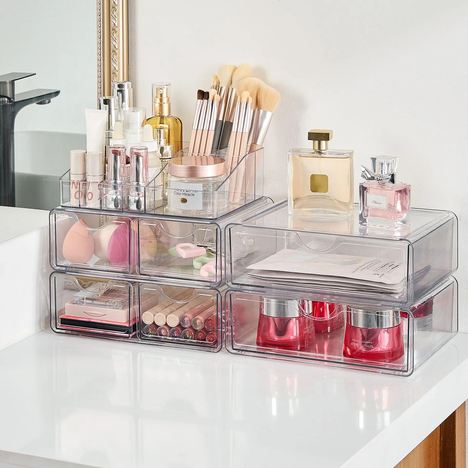 Boîte transparente d'organisateur de soin de peau de brosse de maquillage de vernis à ongles acrylique clair de 5 niveaux avec le rouge à lèvres de tiroir
