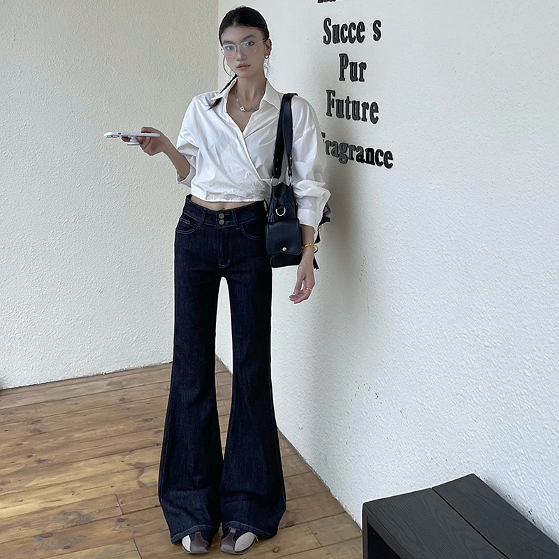 

Y2K black gold denim bell bottom pants for women 2025 summer new elastic double button personalized back pocket floor pants