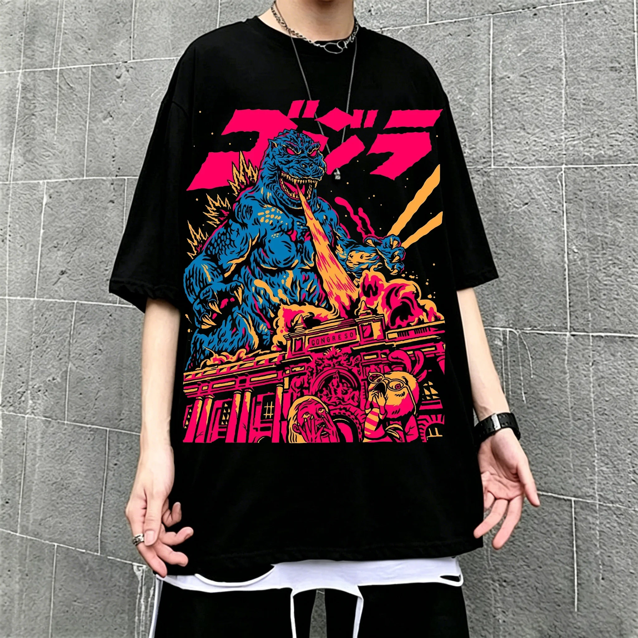 New 2026 American retro cotton short-sleeved T-shirt with Godzilla print, suitable for both men and women, casual street style. - view 5