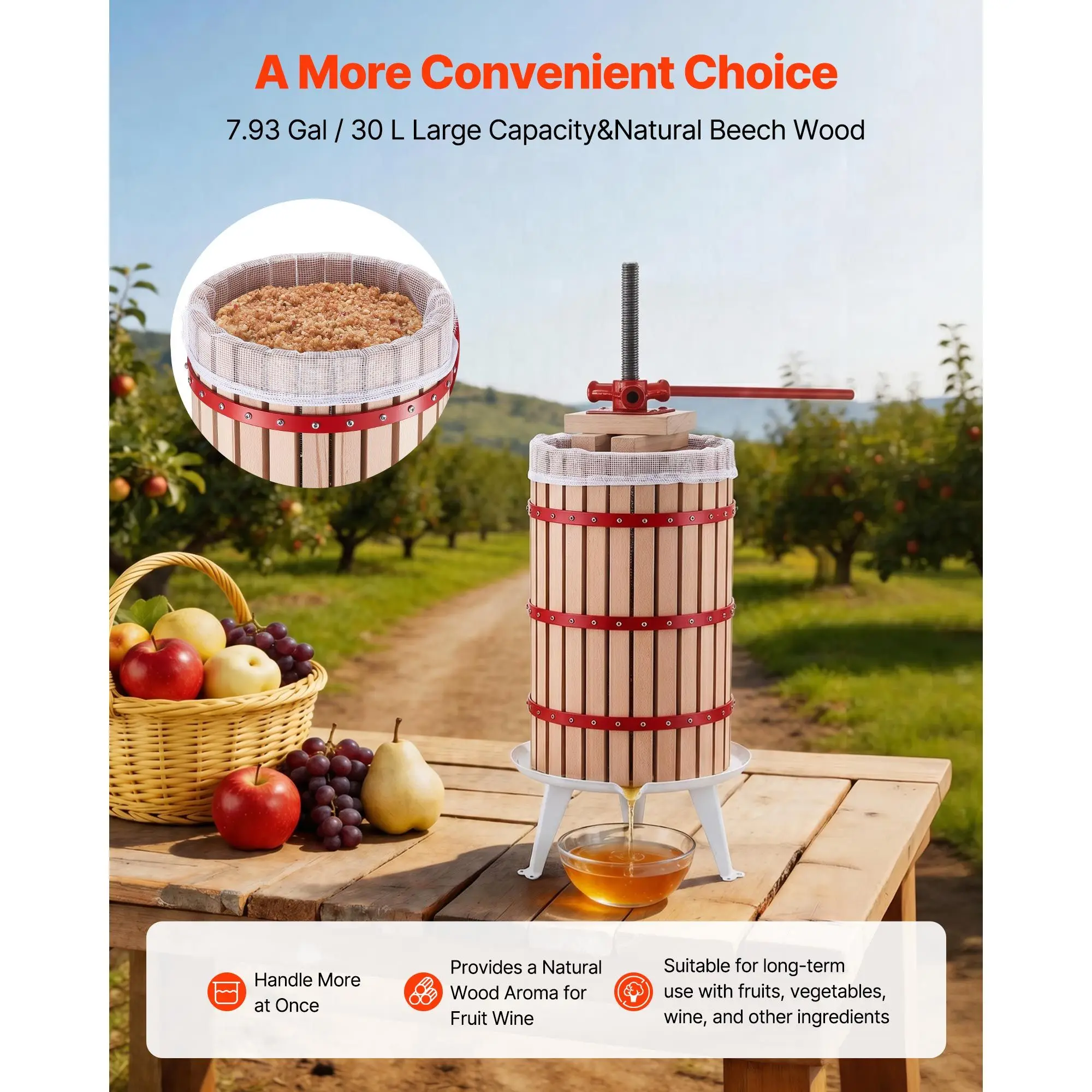 Fruit Wine Press, 7.93Gal/30L Manual Juice Maker, Solid Beech Wood Basket, Vintage Traditional Juicer with 6 Press Wooden