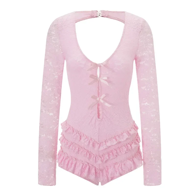 2025 Women Sexy Hollow Out Lace Bodysuit Y2K Long Sleeve Bow Cutout Open Back Ruffle Tiered Mini Dress Party Clubwear