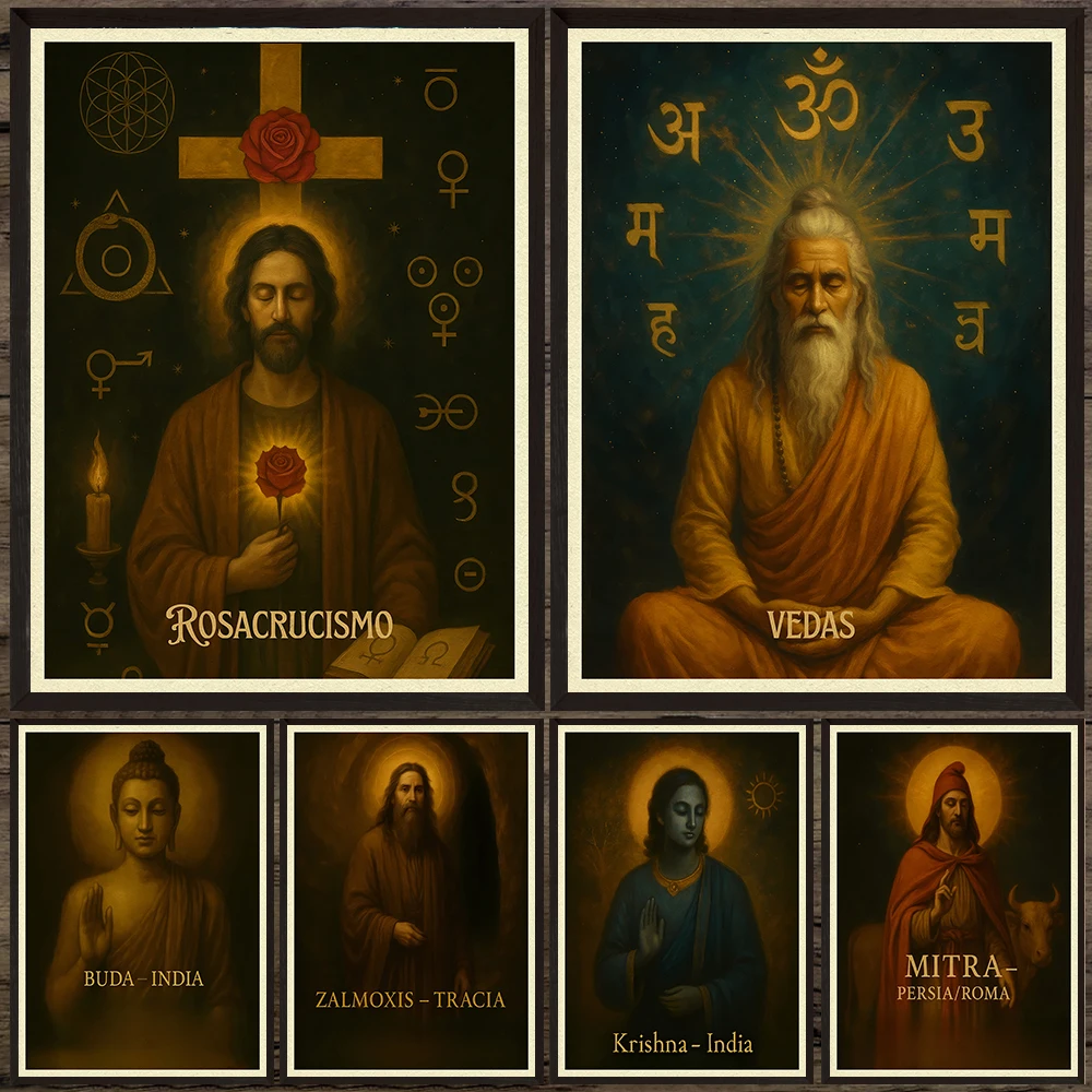 Zoroastro, Budá, Zalmoxis,Krishna,Horus,Maria Retratos Abstratos Impressão em Tela de Arte de Parede, Personagens Lendários do Mundo Pôster