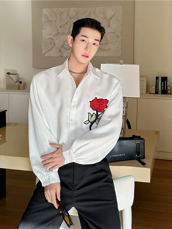 

Spring Fashion Rose Embroidery Long Sleeve Loose Casual Men's Shirt Korean Style Breathable Polyester Spring Wear