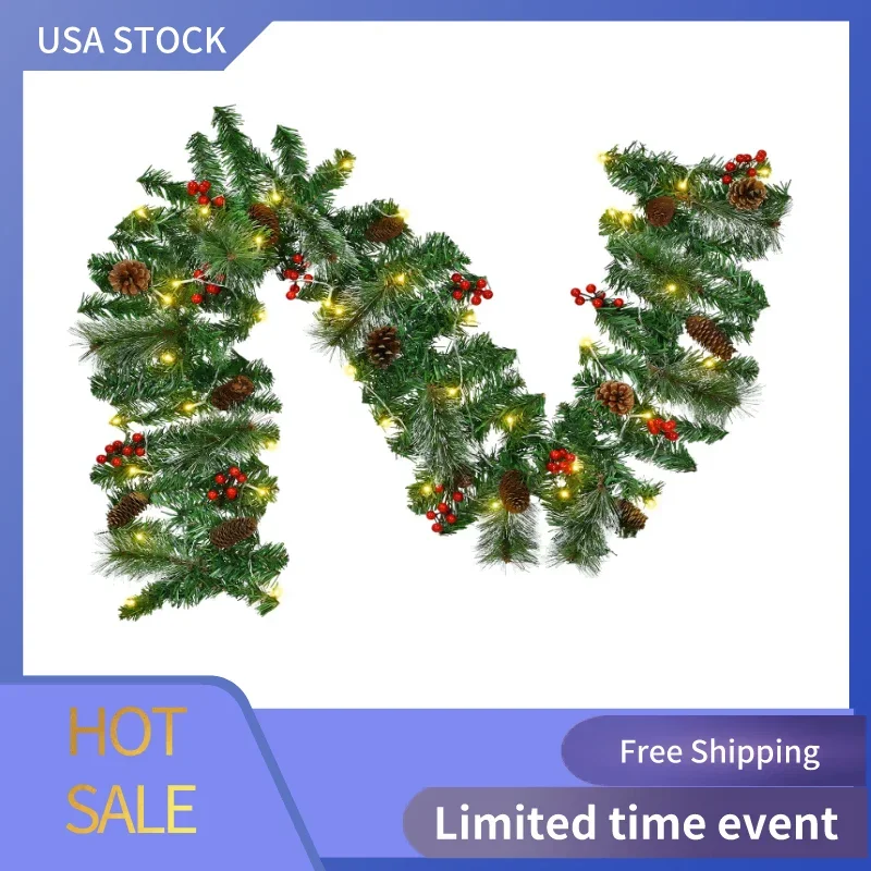 

6ft Artificial Christmas Garland with 50 LED Battery Operated Warm Yellow Lights, Red Berries Xmas Garland