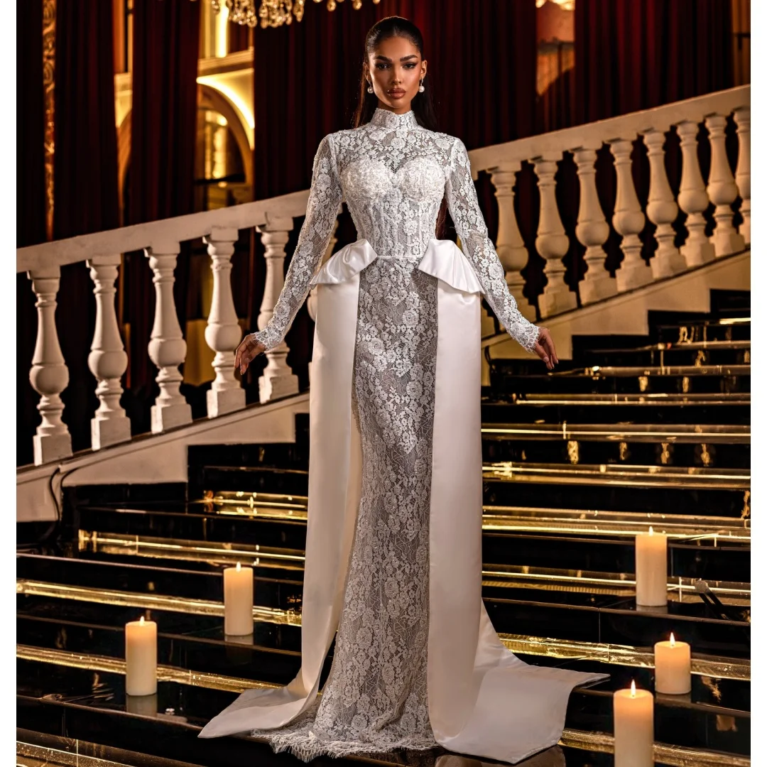 

Exquisite Mermaid Wedding Dresses Illusion Lace up Corset Bridal Gown Long Sleeves Bow Sash Luxury robe de mariée Customized