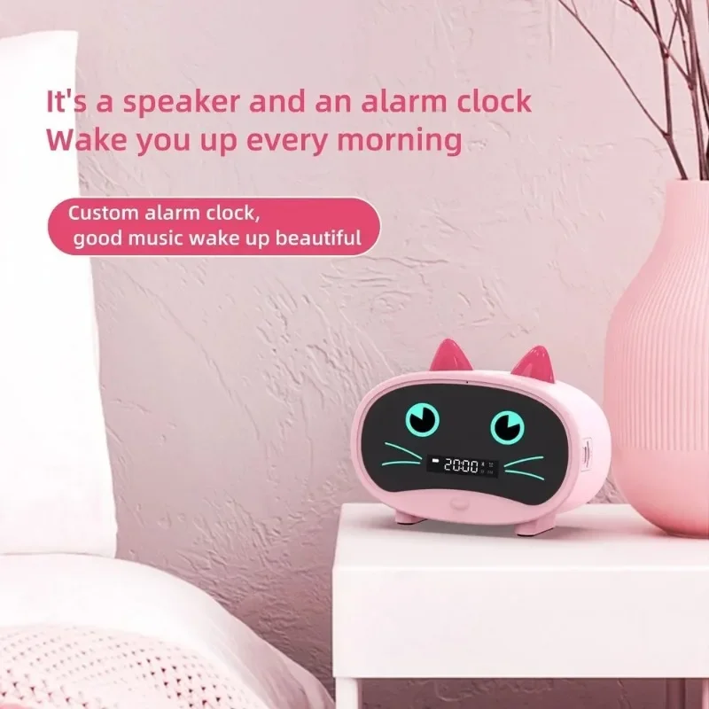 New Cute Cat Shaped Bluetooth Speaker with Alarm Clock - Portable Wireless Stereo Sound Box Music Player with Subwoofer Function