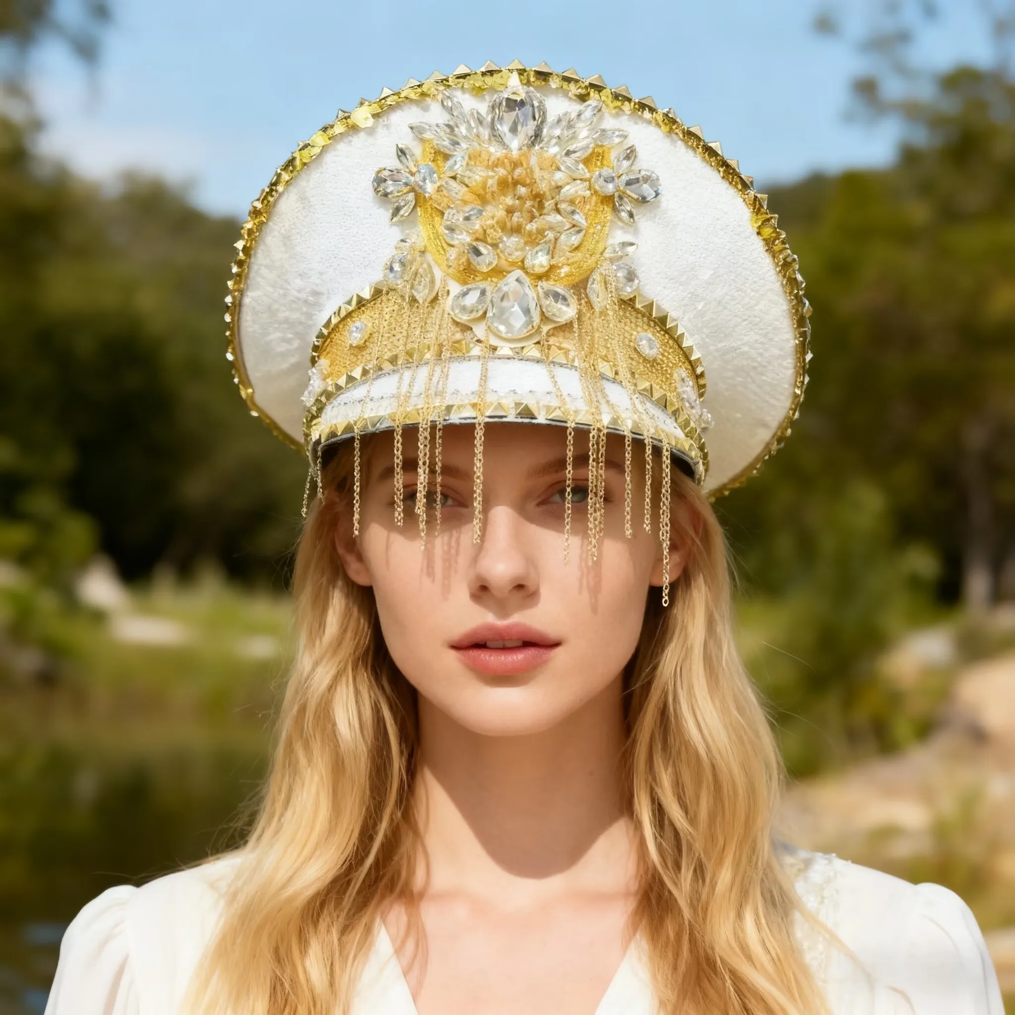 

HongLuan Disco Золотая шляпа капитана в стиле стимпанк со стразами для женского фестиваля Burning Man, винтажные военные аксессуары и кепка для мужчин